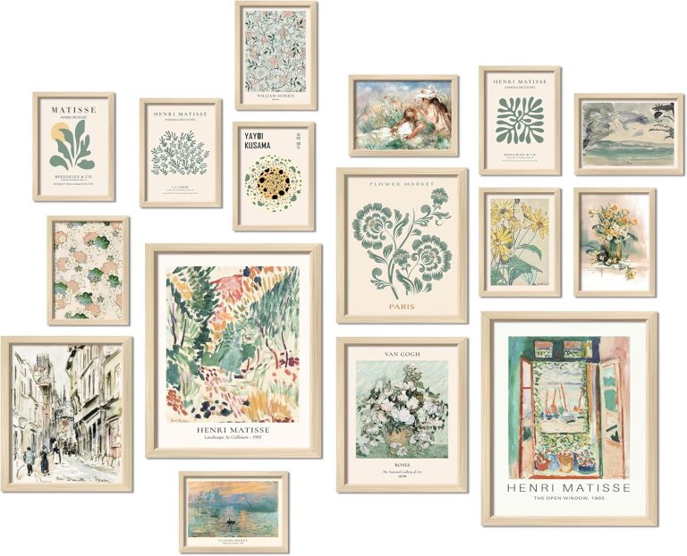 16 PCS Framed Sage Green Wall Art Decor, Matisse Wall Prints for Bedroom, Gallery Wall Frame Set, Abstract Posters for Living Room Aesthetic, Wall Collage Kit Pictures, Boho Dorm Home Decor