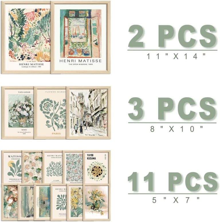 16 PCS Framed Sage Green Wall Art Decor, Matisse Wall Prints for Bedroom, Gallery Wall Frame Set, Abstract Posters for Living Room Aesthetic, Wall Collage Kit Pictures, Boho Dorm Home Decor