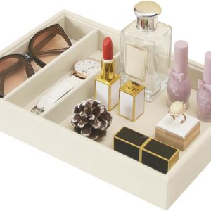 Bedside Organizer Tray, Desktop Storage Tray for Jewelry, Sunglass, Phone, Watch, Perfume,Lipstick, Nightstand Desk-top Catchall Tray, Multi-use Holder Tray for Desk Drawer (Beige 3Grid)