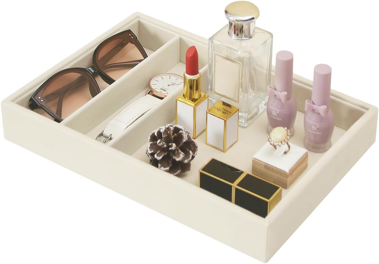 Bedside Organizer Tray, Desktop Storage Tray for Jewelry, Sunglass, Phone, Watch, Perfume,Lipstick, Nightstand Desk-top Catchall Tray, Multi-use Holder Tray for Desk Drawer (Beige 3Grid)