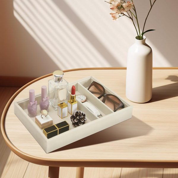 Bedside Organizer Tray, Desktop Storage Tray for Jewelry, Sunglass, Phone, Watch, Perfume,Lipstick, Nightstand Desk-top Catchall Tray, Multi-use Holder Tray for Desk Drawer (Beige 3Grid) - Image 5