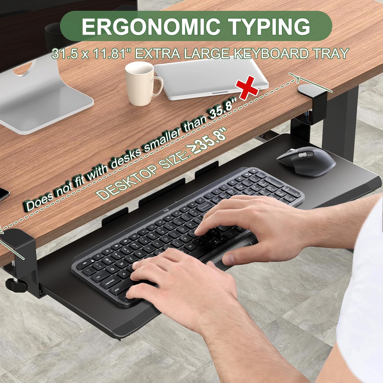 Extra Large Keyboard Tray Under Desk – Slide Out with Sturdy C-Clip Mount System, 31.5 (35.8 Including Clamps) X 11.81 Put-Out Keyboard Tray Computer Drawer for Ergonomic Typing, Black