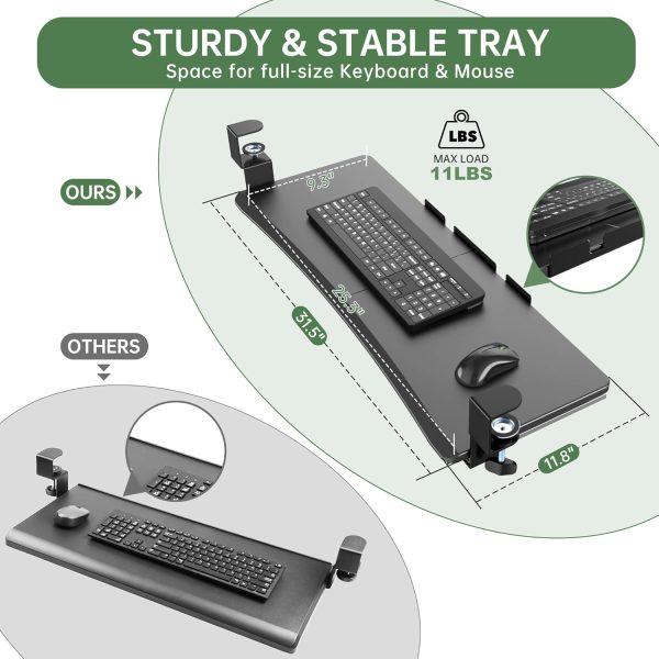 Extra Large Keyboard Tray Under Desk - Slide Out with Sturdy C-Clip Mount System, 31.5 (35.8 Including Clamps) X 11.81 Put-Out Keyboard Tray Computer Drawer for Ergonomic Typing, Black - Image 4