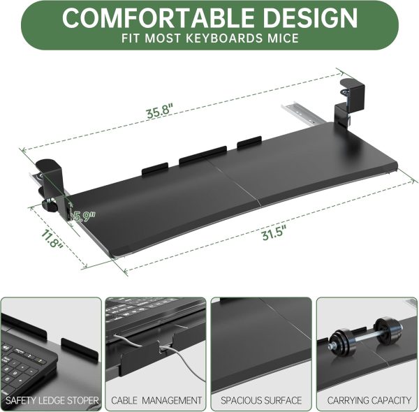Extra Large Keyboard Tray Under Desk - Slide Out with Sturdy C-Clip Mount System, 31.5 (35.8 Including Clamps) X 11.81 Put-Out Keyboard Tray Computer Drawer for Ergonomic Typing, Black - Image 7