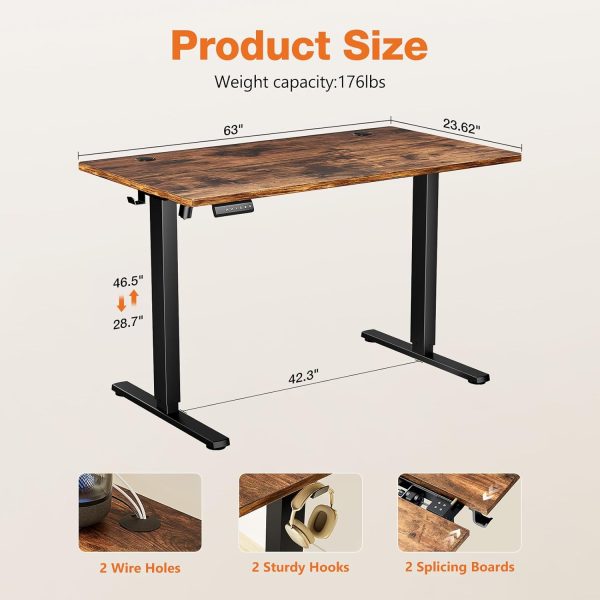 Sweetcrispy Standing Desk Adjustable Height, 63inch Electric Sit Stand up Desk for Home Office, Modern Rising Work Table for Computer Laptop, Lift Gaming Desk Sturdy Ergonomic Workstation, Rust Brown - Image 2