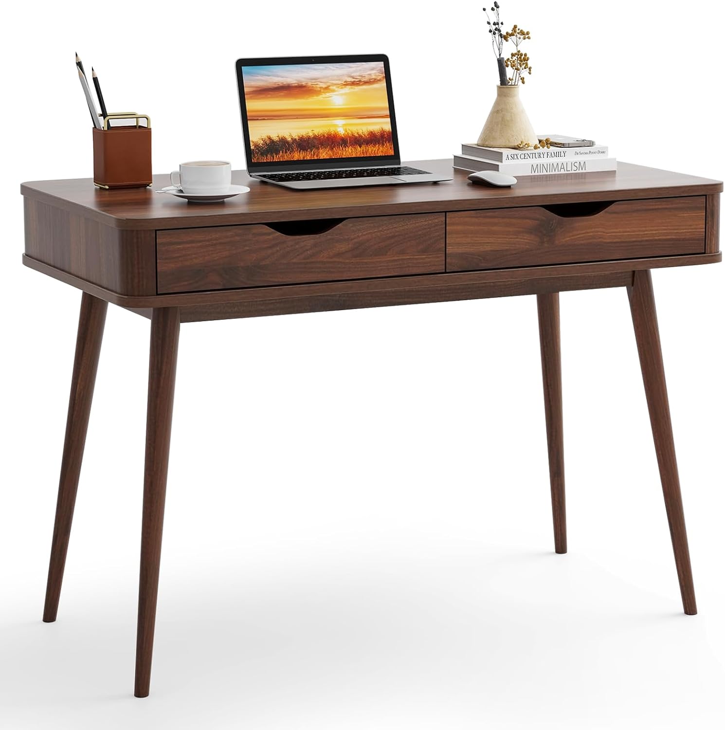 Tangkula Mid Century Desk with 2 Storage Drawers, Modern Writing Study Desk with Rubber Wood Legs, Versatile Home Office Study Desk for Small Space, Vanity Table for Bedroom (Walnut)