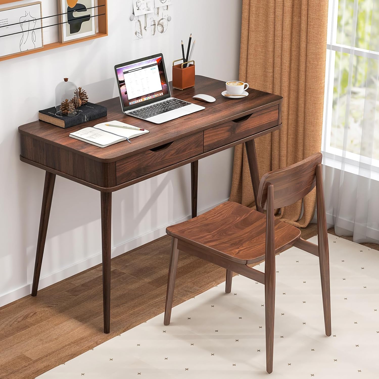 Tangkula Mid Century Desk with 2 Storage Drawers, Modern Writing Study Desk with Rubber Wood Legs, Versatile Home Office Study Desk for Small Space, Vanity Table for Bedroom (Walnut)