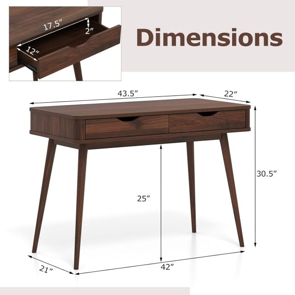 Tangkula Mid Century Desk with 2 Storage Drawers, Modern Writing Study Desk with Rubber Wood Legs, Versatile Home Office Study Desk for Small Space, Vanity Table for Bedroom (Walnut) - Image 3