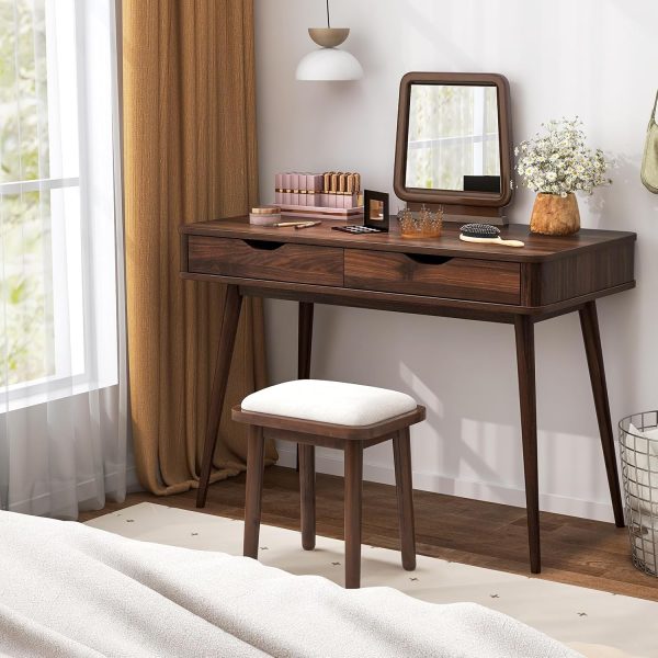 Tangkula Mid Century Desk with 2 Storage Drawers, Modern Writing Study Desk with Rubber Wood Legs, Versatile Home Office Study Desk for Small Space, Vanity Table for Bedroom (Walnut) - Image 4