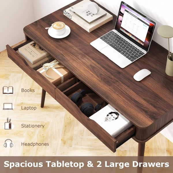 Tangkula Mid Century Desk with 2 Storage Drawers, Modern Writing Study Desk with Rubber Wood Legs, Versatile Home Office Study Desk for Small Space, Vanity Table for Bedroom (Walnut) - Image 5