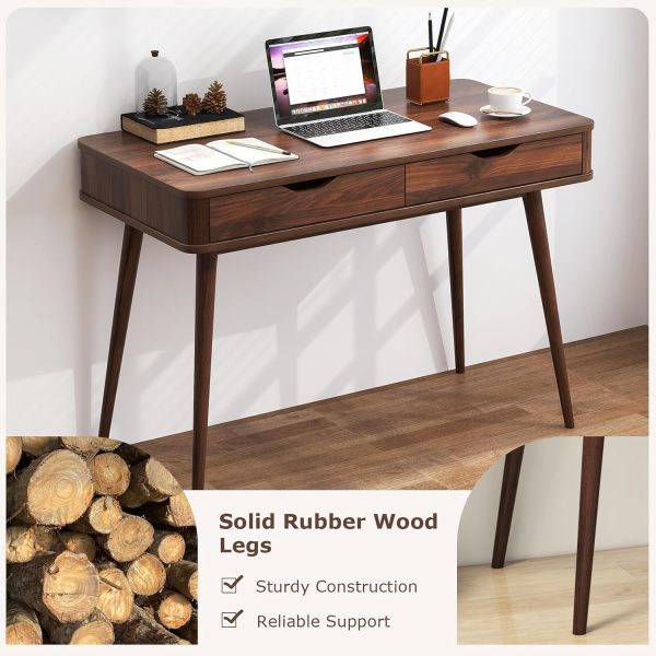 Tangkula Mid Century Desk with 2 Storage Drawers, Modern Writing Study Desk with Rubber Wood Legs, Versatile Home Office Study Desk for Small Space, Vanity Table for Bedroom (Walnut) - Image 6