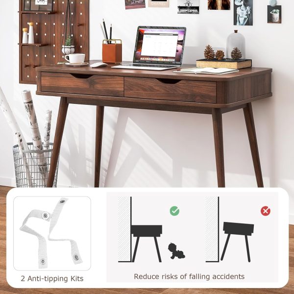 Tangkula Mid Century Desk with 2 Storage Drawers, Modern Writing Study Desk with Rubber Wood Legs, Versatile Home Office Study Desk for Small Space, Vanity Table for Bedroom (Walnut) - Image 7