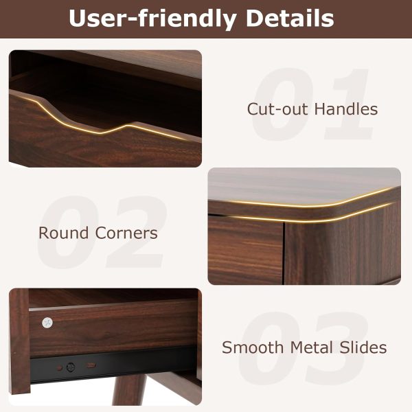 Tangkula Mid Century Desk with 2 Storage Drawers, Modern Writing Study Desk with Rubber Wood Legs, Versatile Home Office Study Desk for Small Space, Vanity Table for Bedroom (Walnut) - Image 8