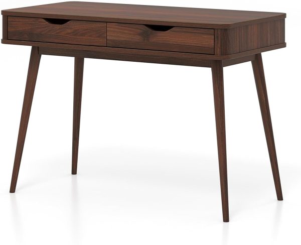 Tangkula Mid Century Desk with 2 Storage Drawers, Modern Writing Study Desk with Rubber Wood Legs, Versatile Home Office Study Desk for Small Space, Vanity Table for Bedroom (Walnut) - Image 9
